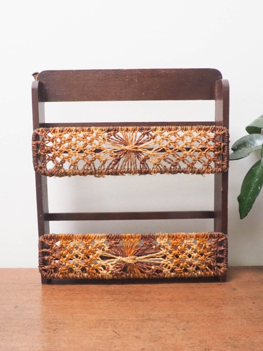 Vtg Rustic Spice Rack - Wall Mounted Wood Spice Shelf with Macrame Front